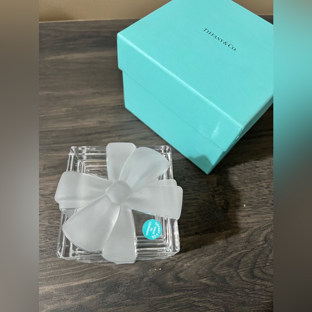 Vintage Tiffany & Co Crystal Gift Box Paperweight Frosted Bow (New/box)